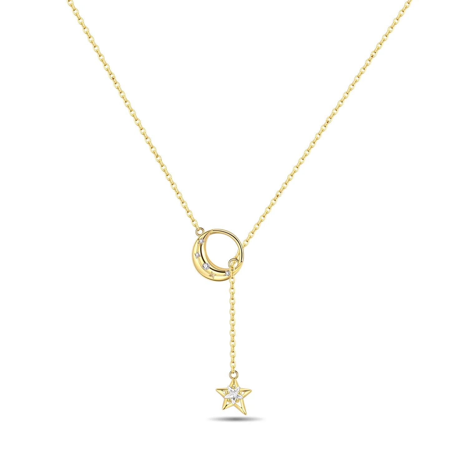 Gold Moon & Star Lariat Necklace