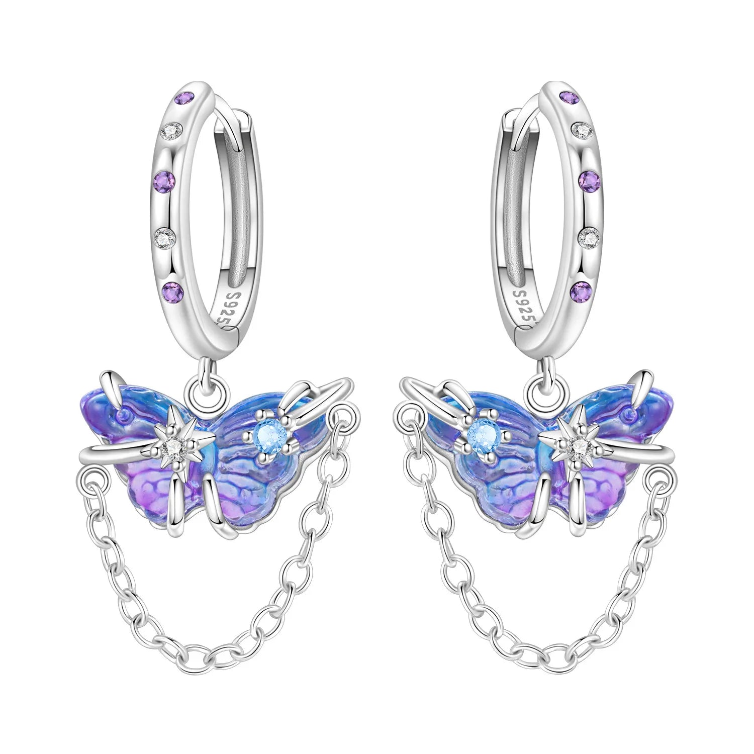 Blue Butterfly Chain Hoops