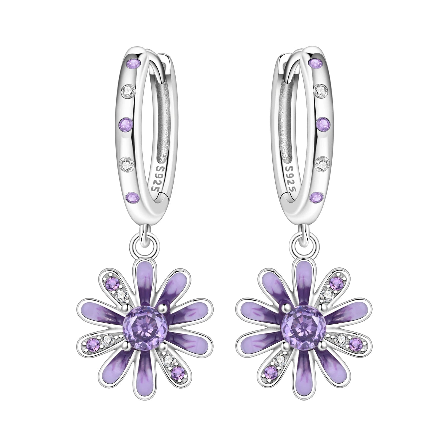 Lavender Daisy Flower Hoop Earrings