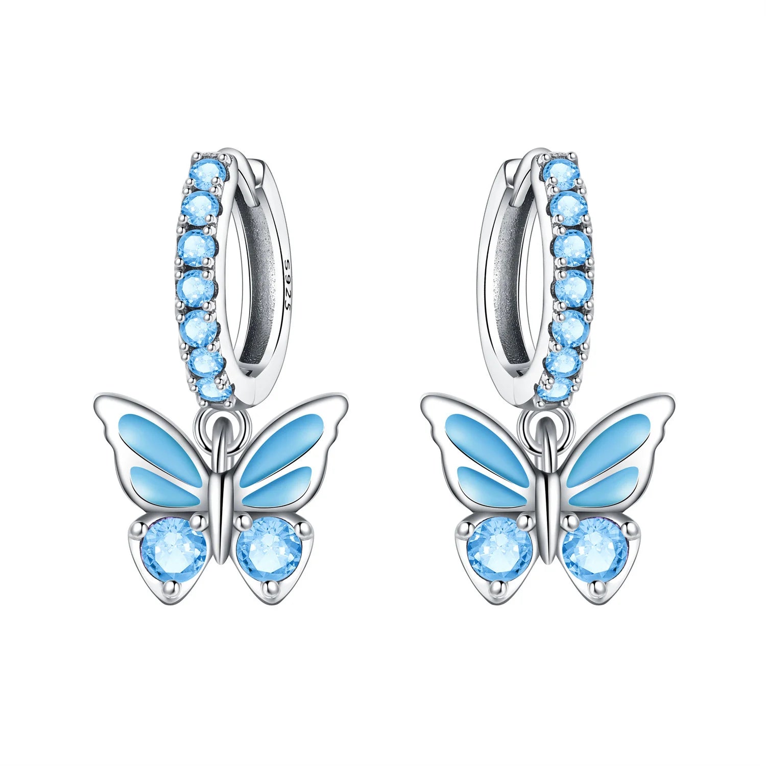 Blue Butterfly Drop Hoop Earrings