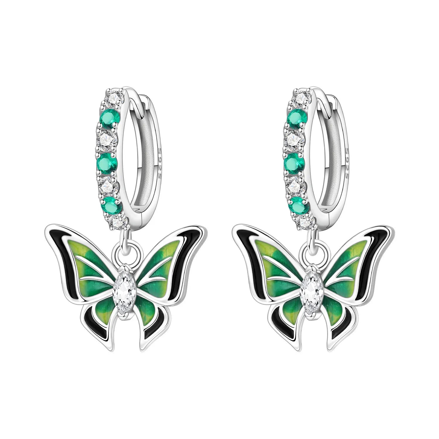 Green Butterfly Charm Hoop Earrings