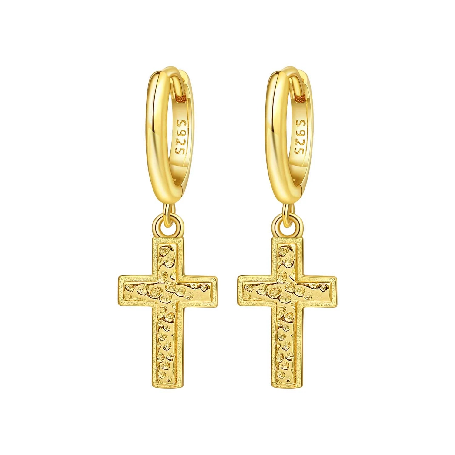 Ornate Gold Cross Drop Hoops
