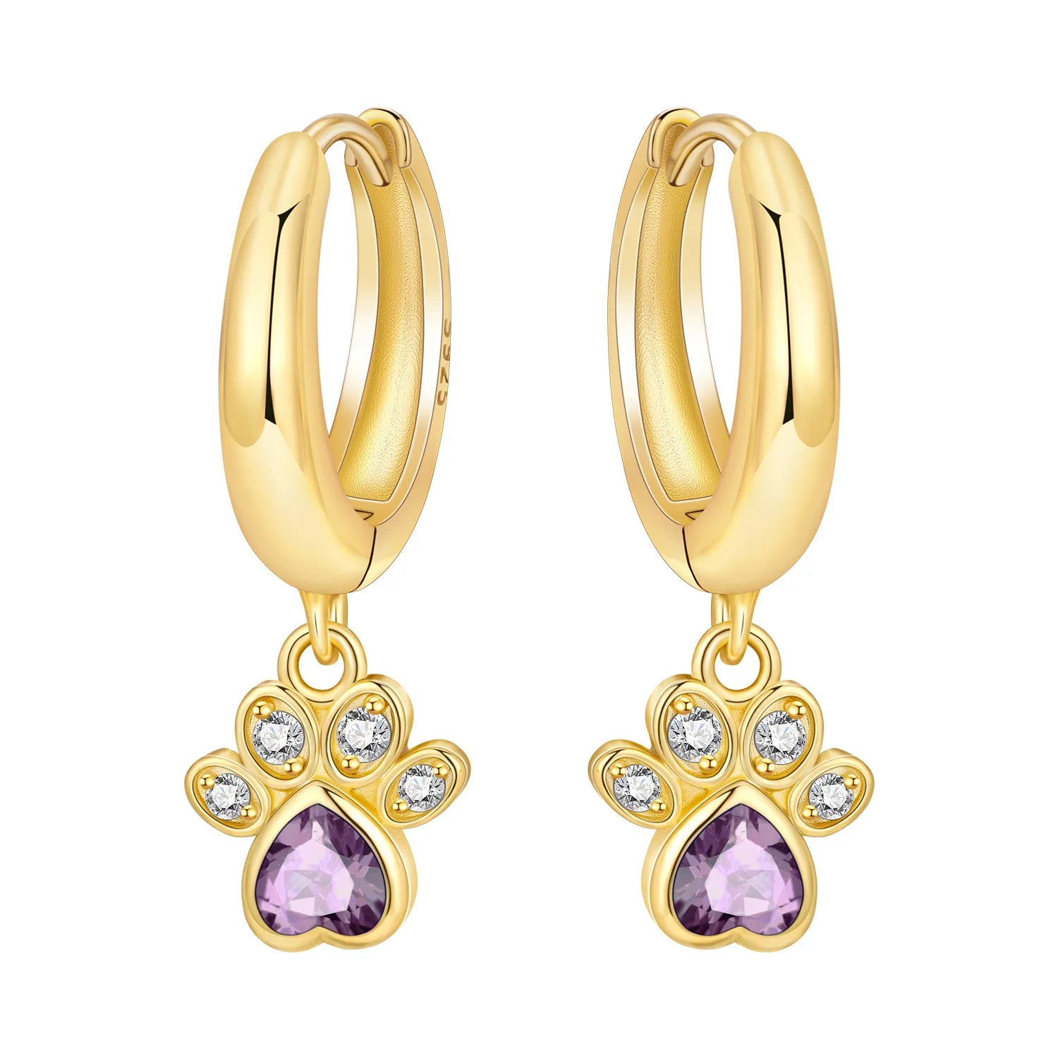 Paw Print Amethyst Drop Hoops