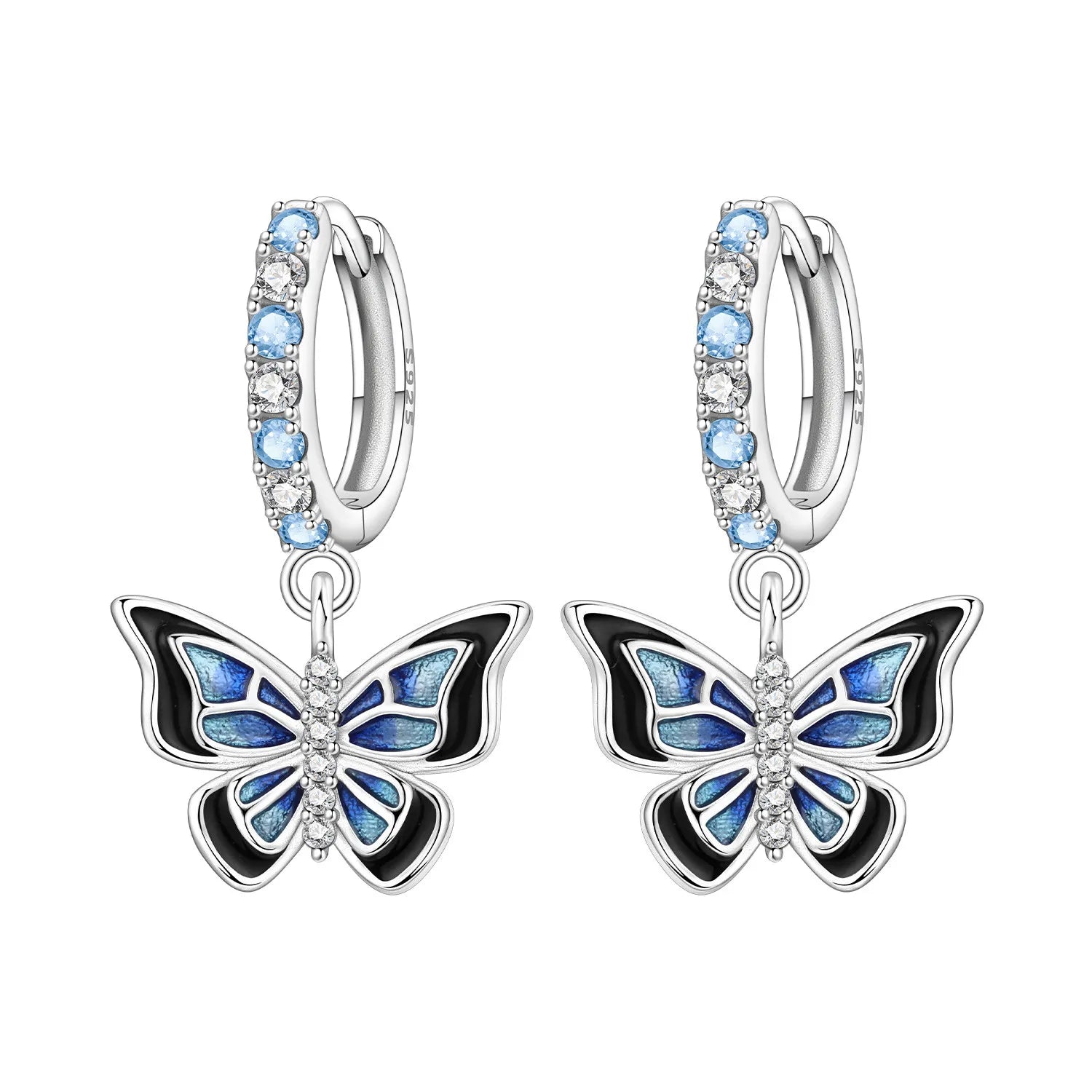 Blue Butterfly Charm Hoop Earrings