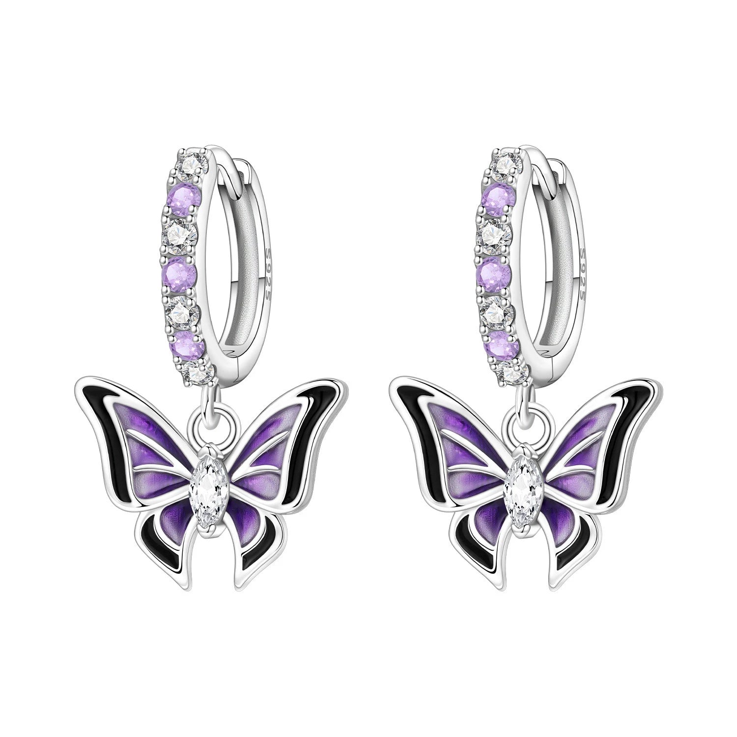Purple Butterfly Charm Hoop Earrings