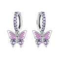 Purple Butterfly Drop Hoop Earrings