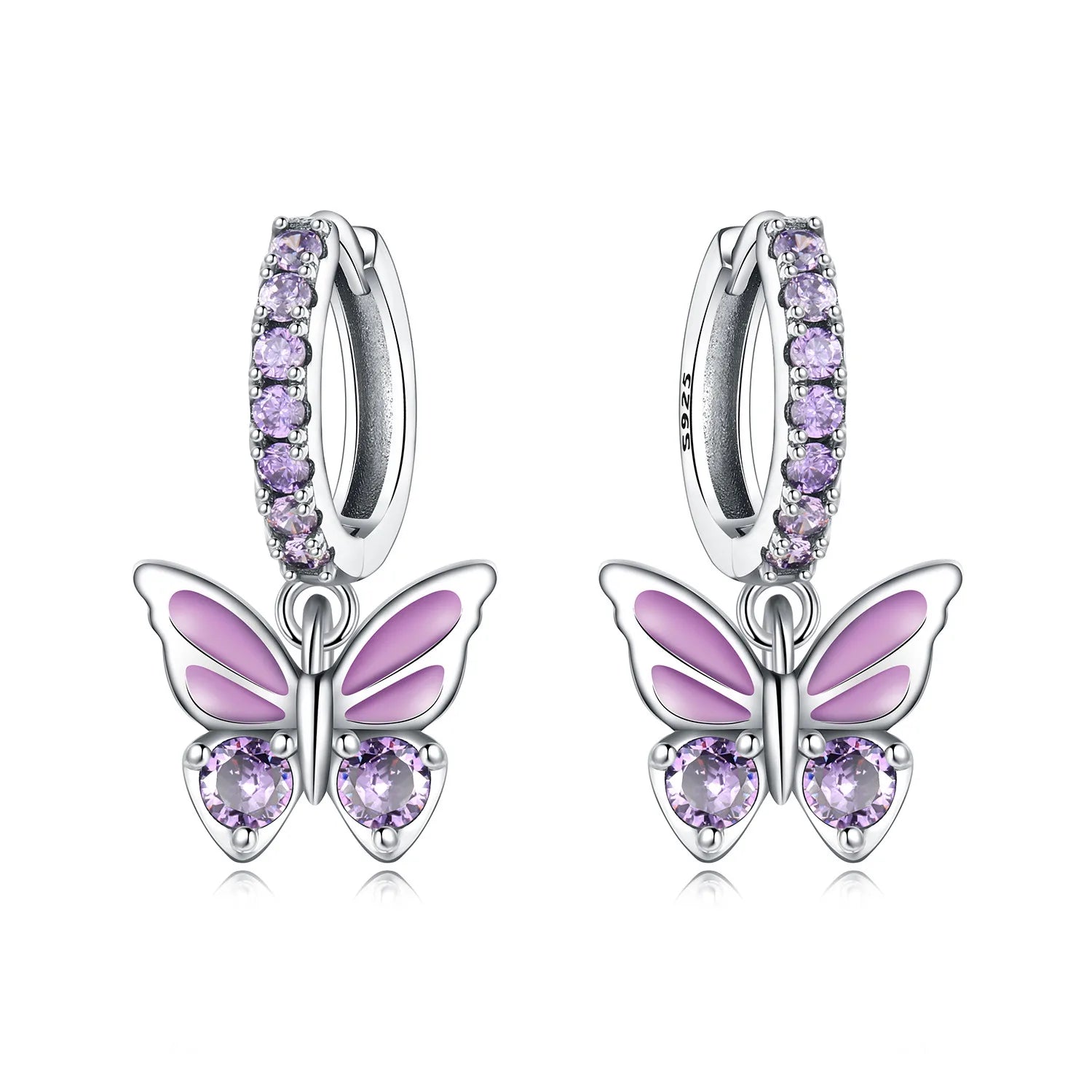 Purple Butterfly Drop Hoop Earrings